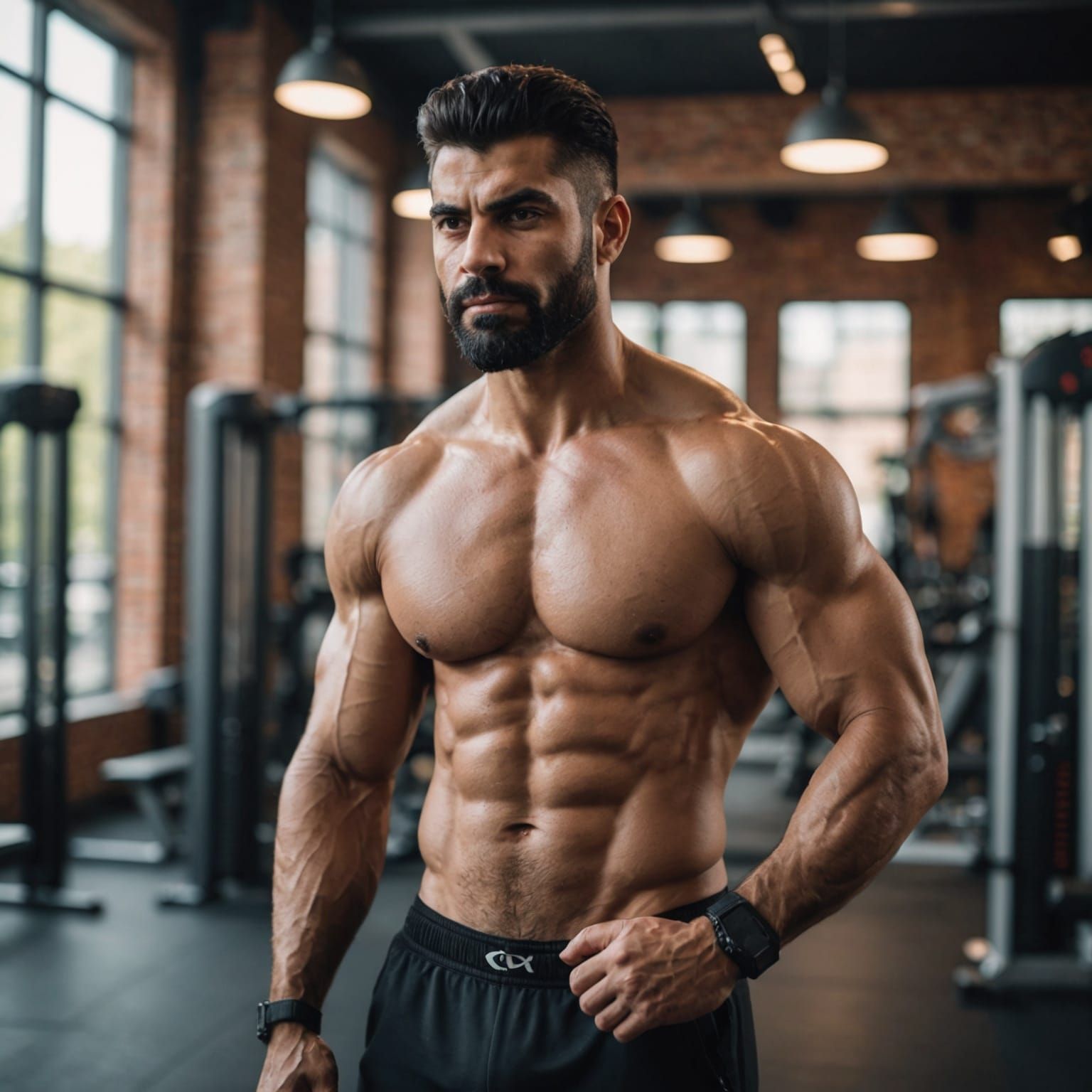 Muscular Persian man shirtless in modern gym