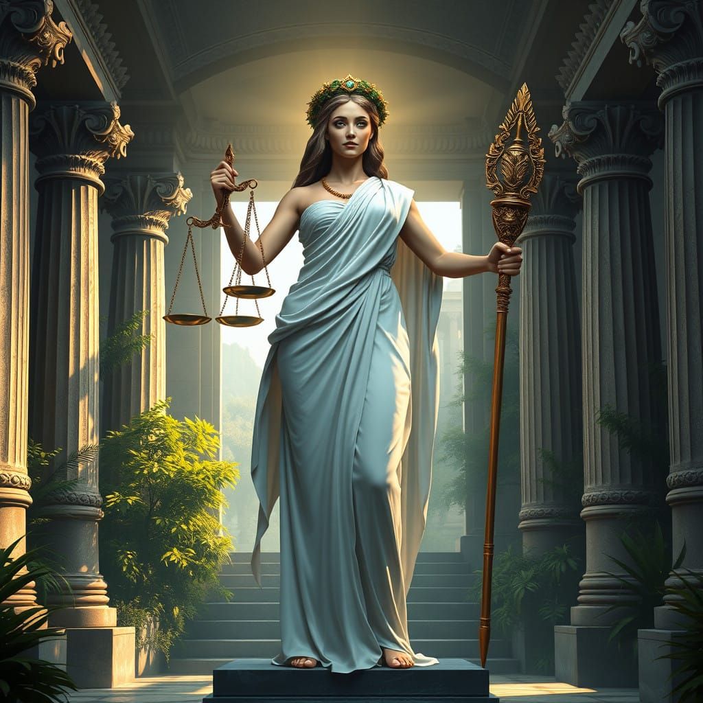 Ancient Greek Goddess of Justice in Majestic Temple Setting