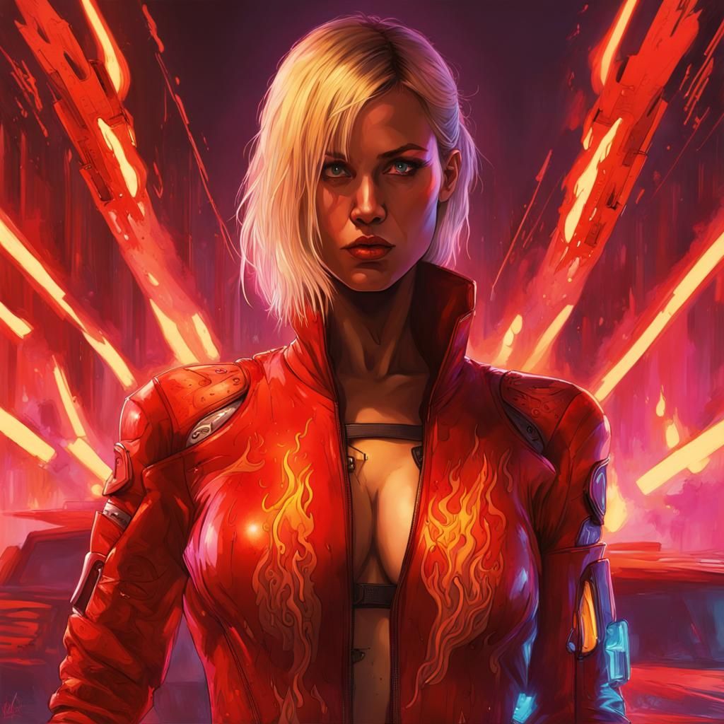 Blond Woman in Cyberpunk Suit Amidst Burning Vehicles