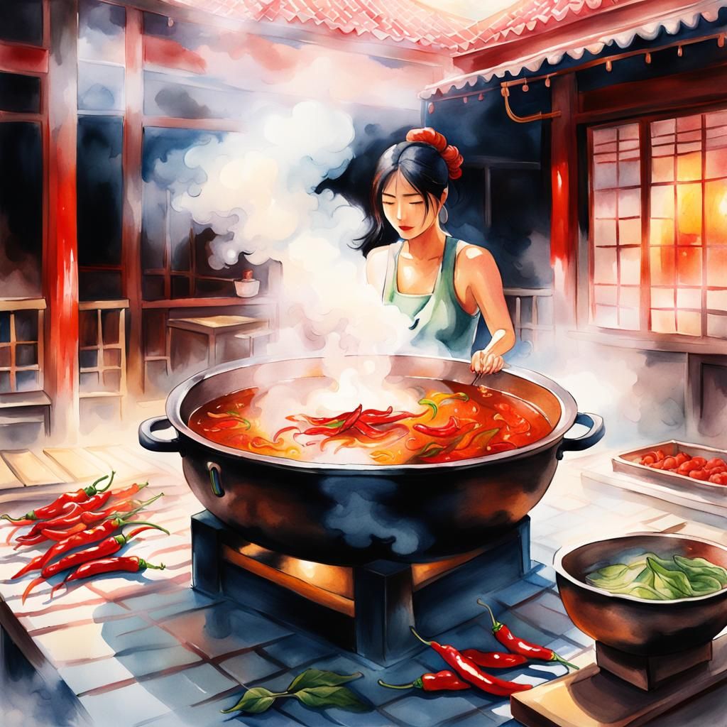 Lady in Spicy Chili Hot Pot: Japanese Watercolor