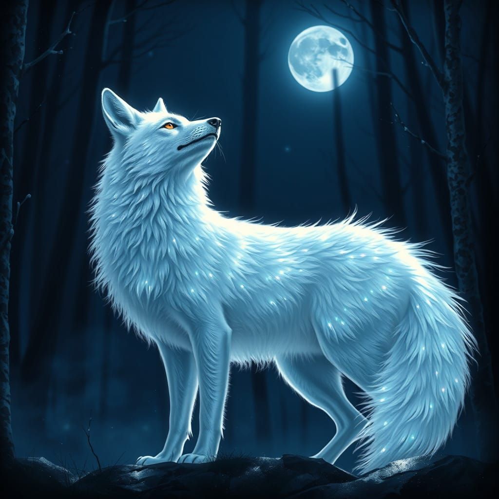 Regal White Fox in Moonlit Forest