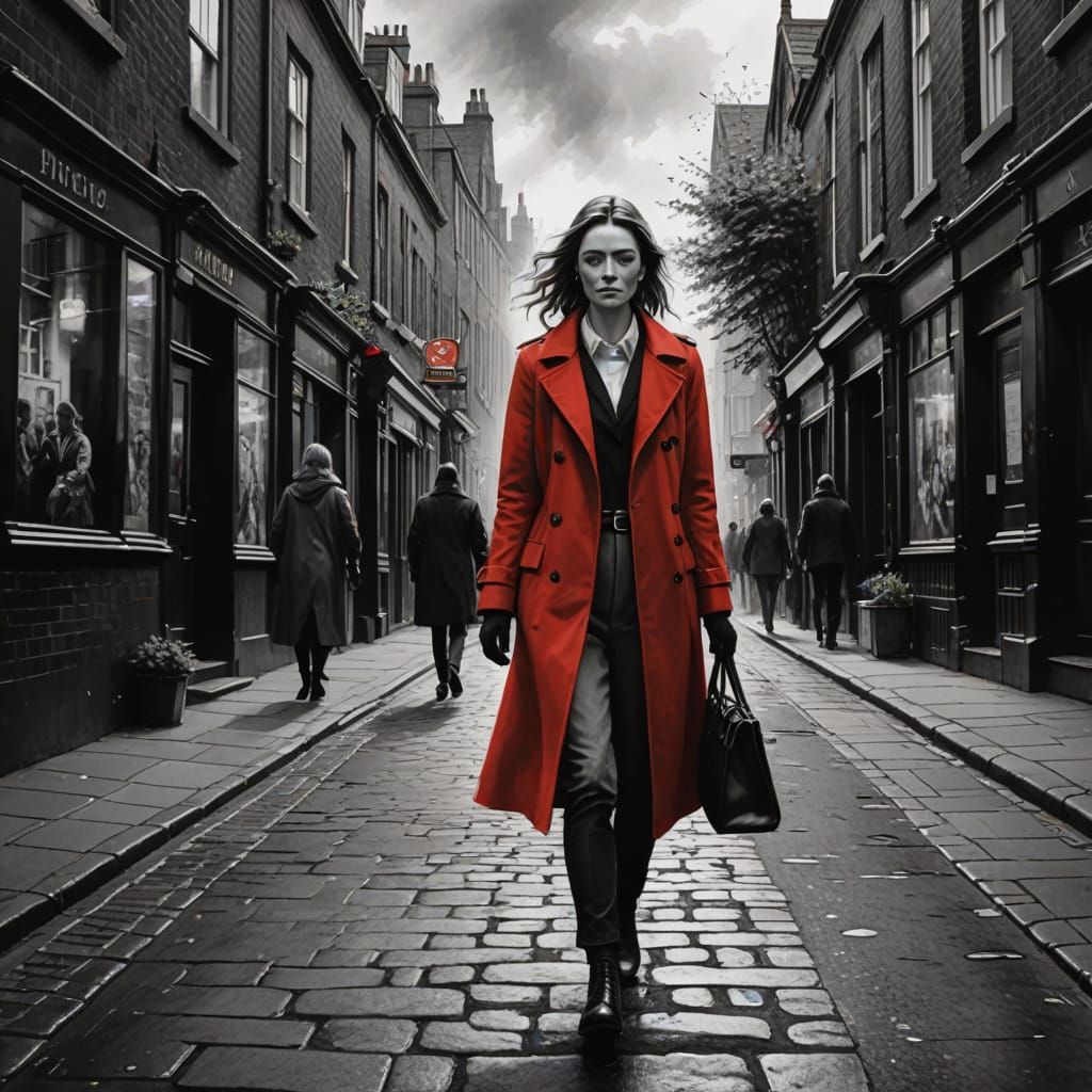 Young British Woman Strolling in Monochrome with Vibrant Red...