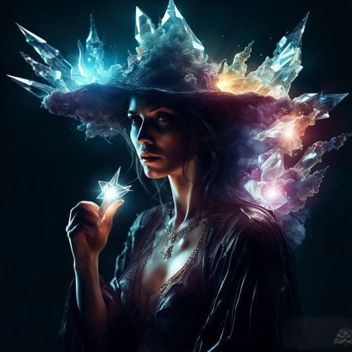 Cosmic Crystal Witch with Glowing Wand: Photorealistic CGI