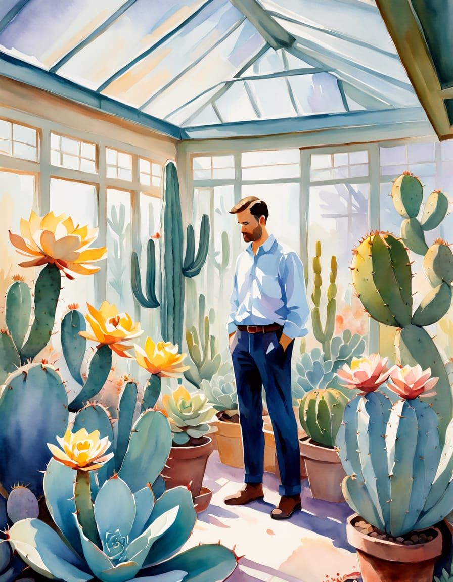 Man in Greenhouse Surrounded by Cacti in Watercolor