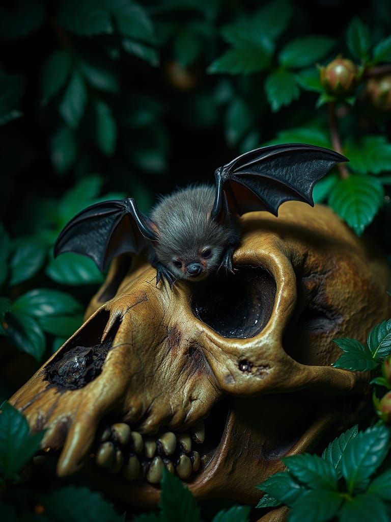 Mystical Bat Perched on Ancient Skull in Emerald Haven