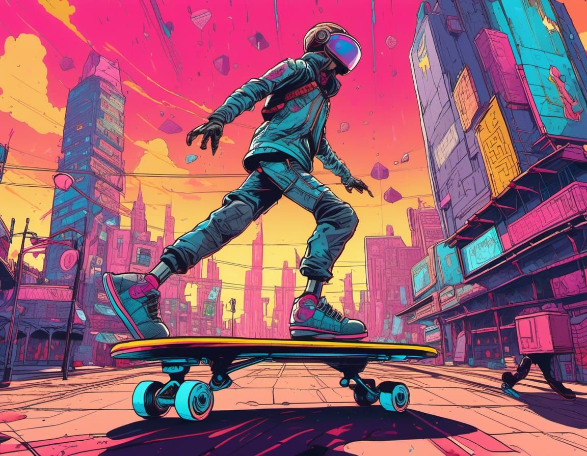 Cyberpunk Robot Skateboarder in Futuristic City
