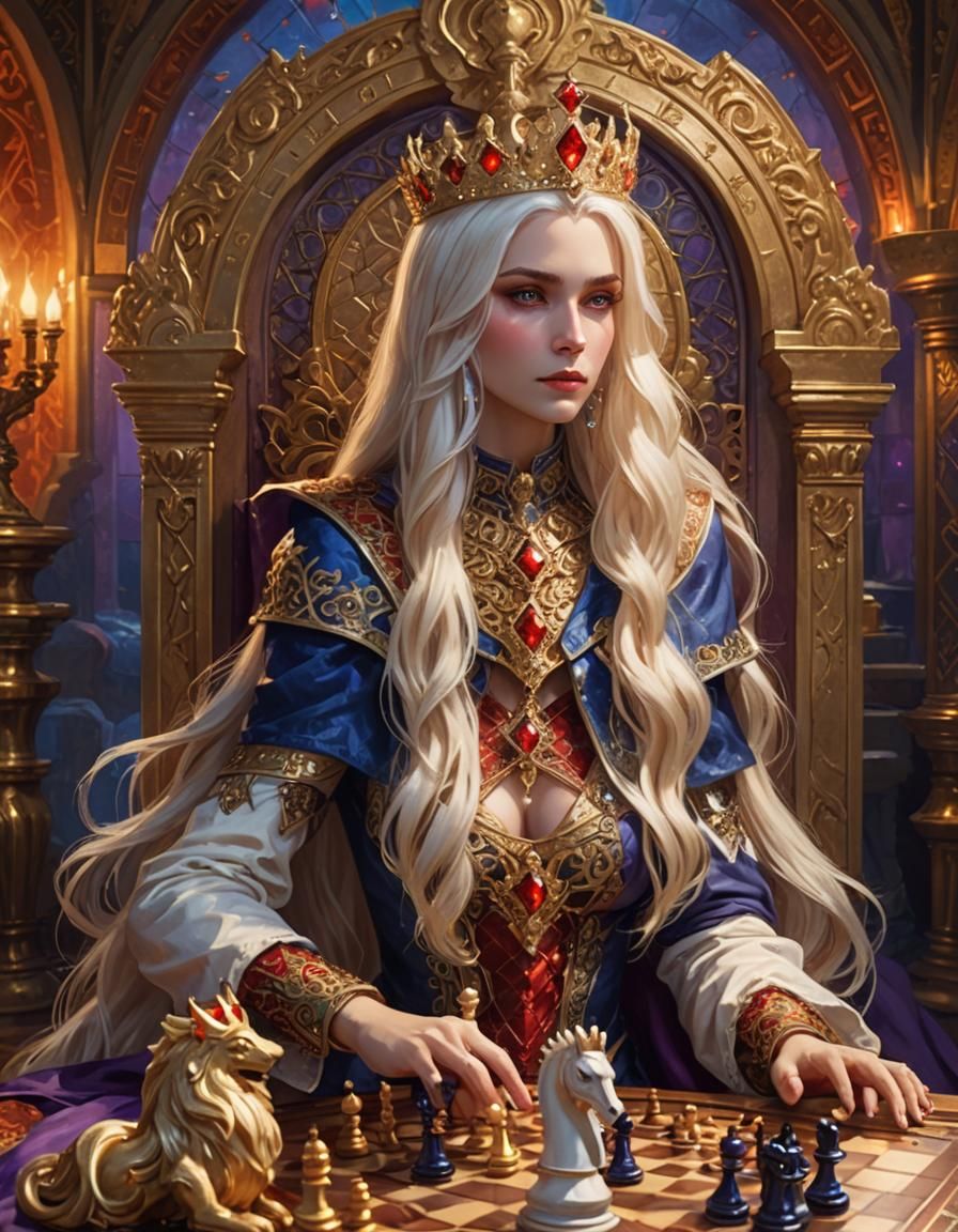 Blonde Queen Playing Chess in Art Deco Style
