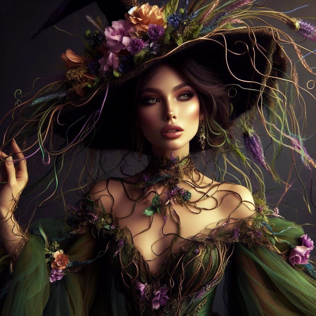 Enchanting Vine Witch in a Prismatic Flower Garden