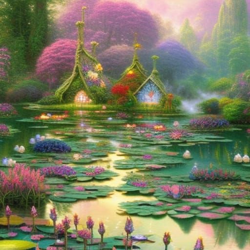 Ethereal Fairy Forest with Pond, in Kinkade Style