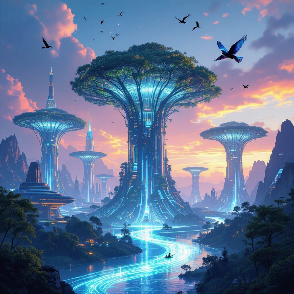 Futuristic Nature Scene with Bioluminescent Trees and Eco-Ar...