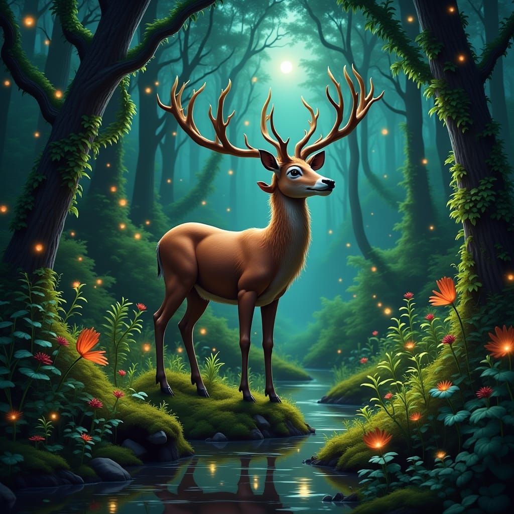 Mystical Deer in Magic Forest, Ethereal Lighting
