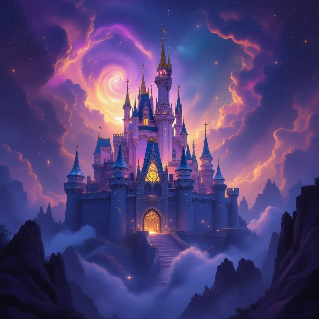 Starlight Castle in Cosmic Void with Vibrant Nebulae