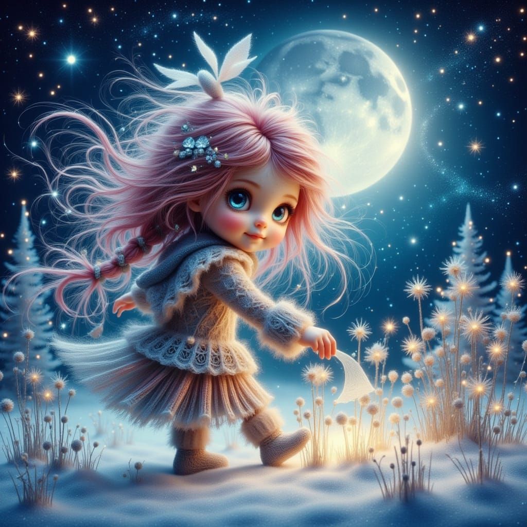 Whimsical Toddler Waters Frosty Flowers Under Winter Moon