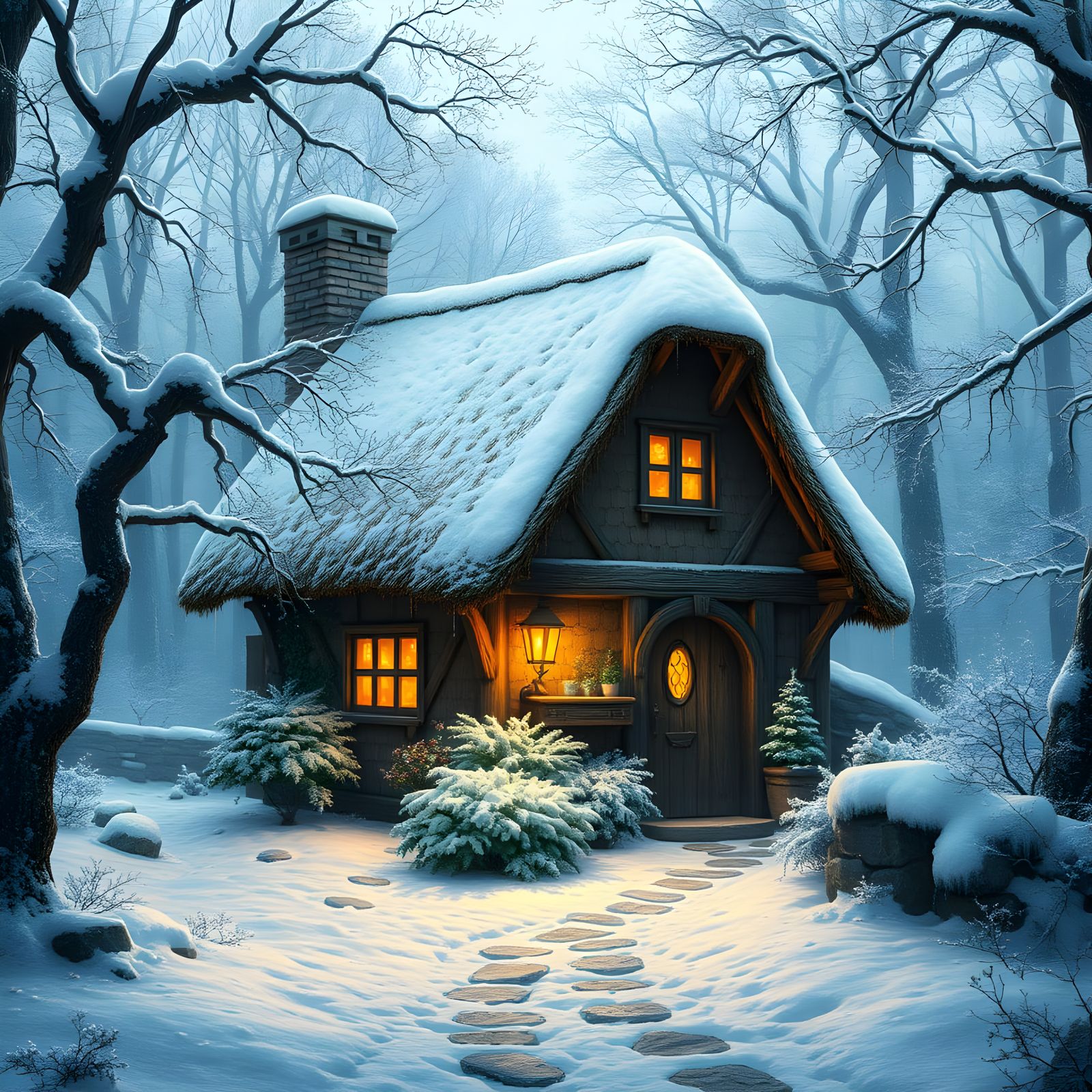 Winter Wonderland Thatched Cottage in a Snowy Forest