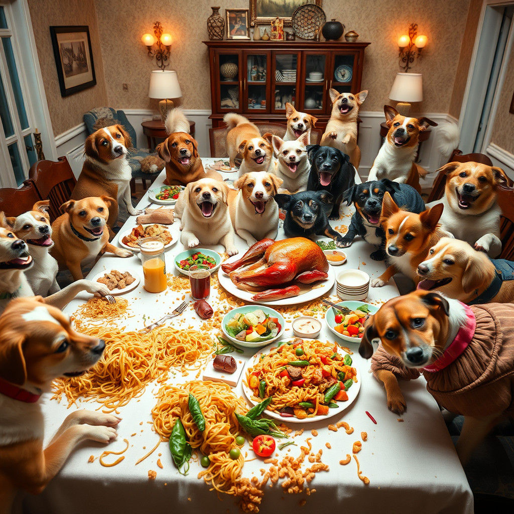 Dogs Cause Dinner Disaster: Joyful Dining Room Havoc