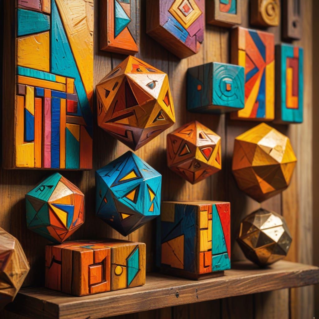 Cubist Wooden Talismans on Rustic Shelf in Fauvism Style