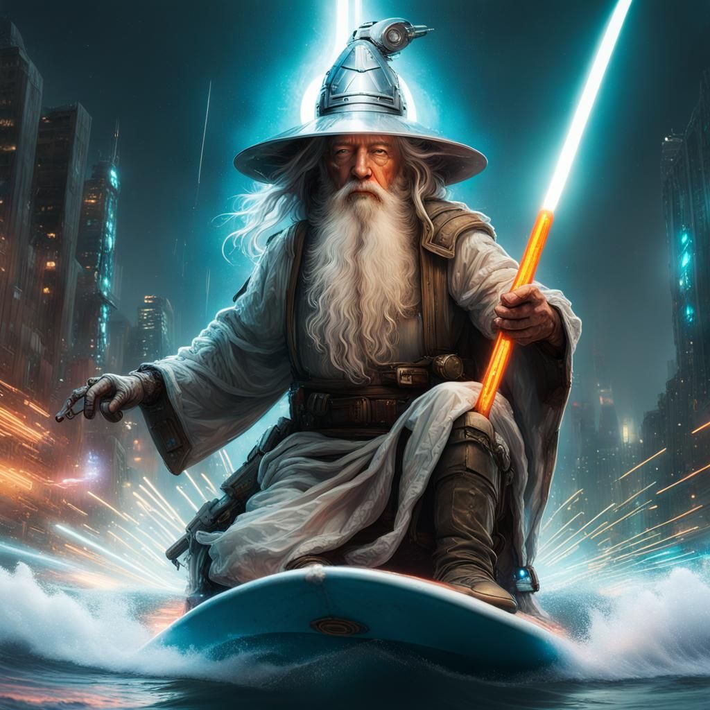 Cyberpunk Robot Wizard on Rocket Surfboard