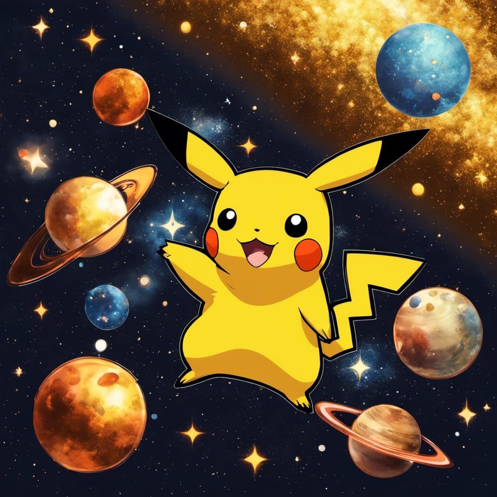 Pikachu in Space surrounded by Glittering Stars