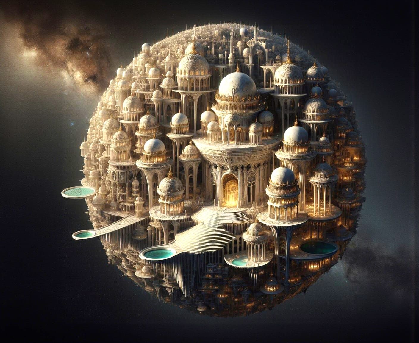 Celestial City Inside Moon Sphere in Outer Space
