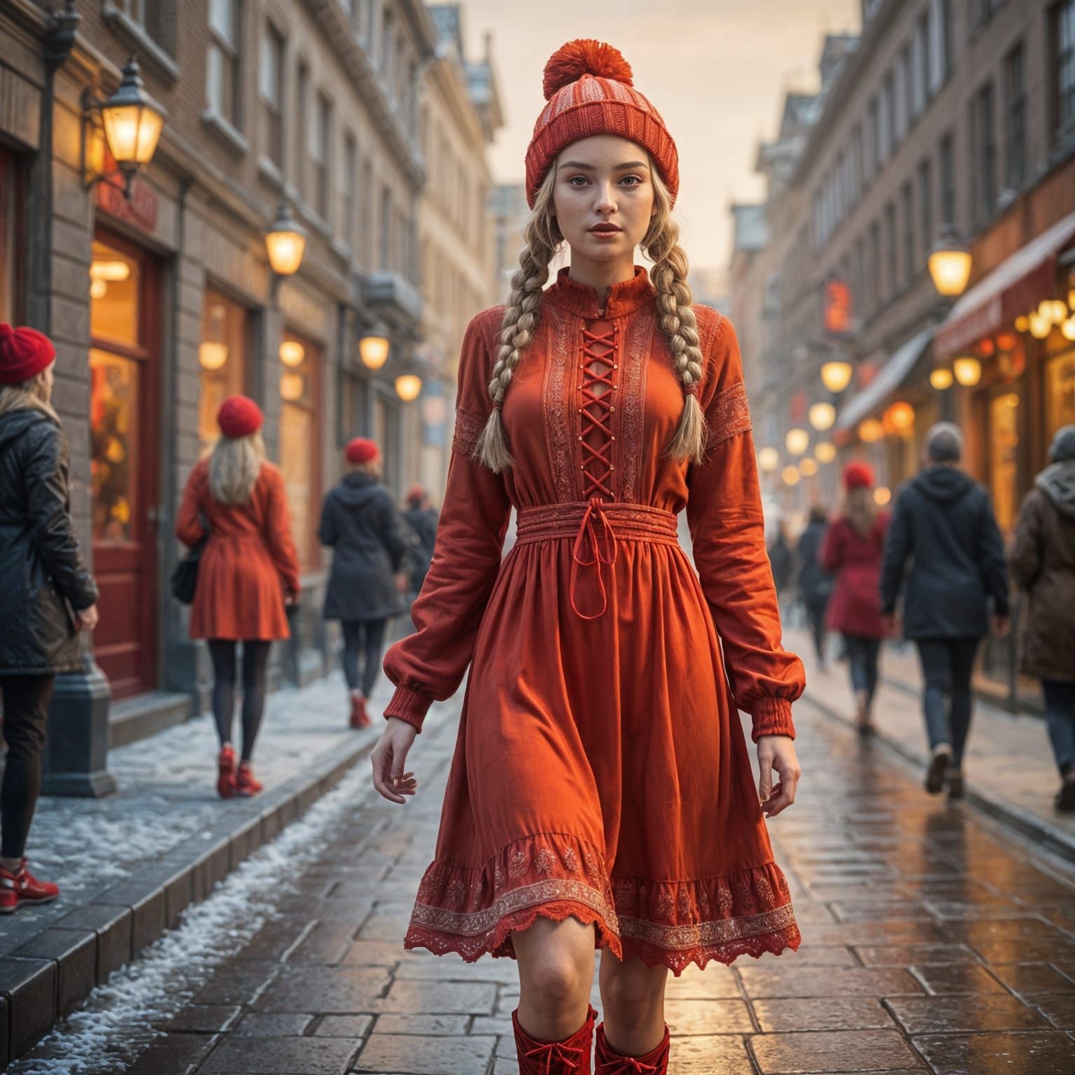 Orange dress and bobble hat