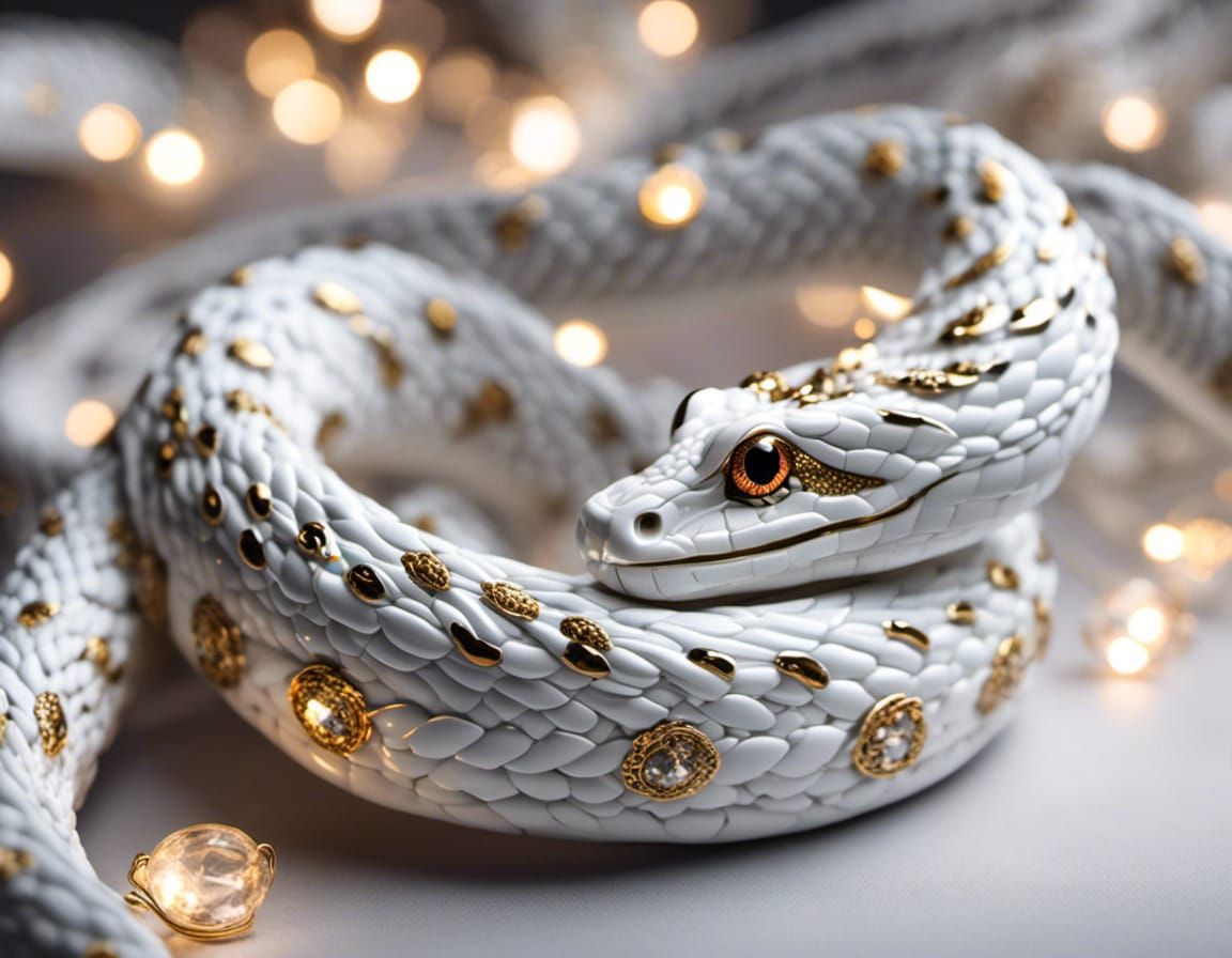 Intricate Porcelain Snake with Fairy Lights in Fantasy Style