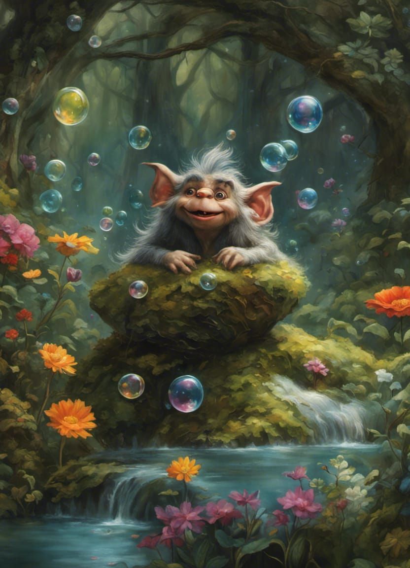 Cute troll in forest and soap bubbles