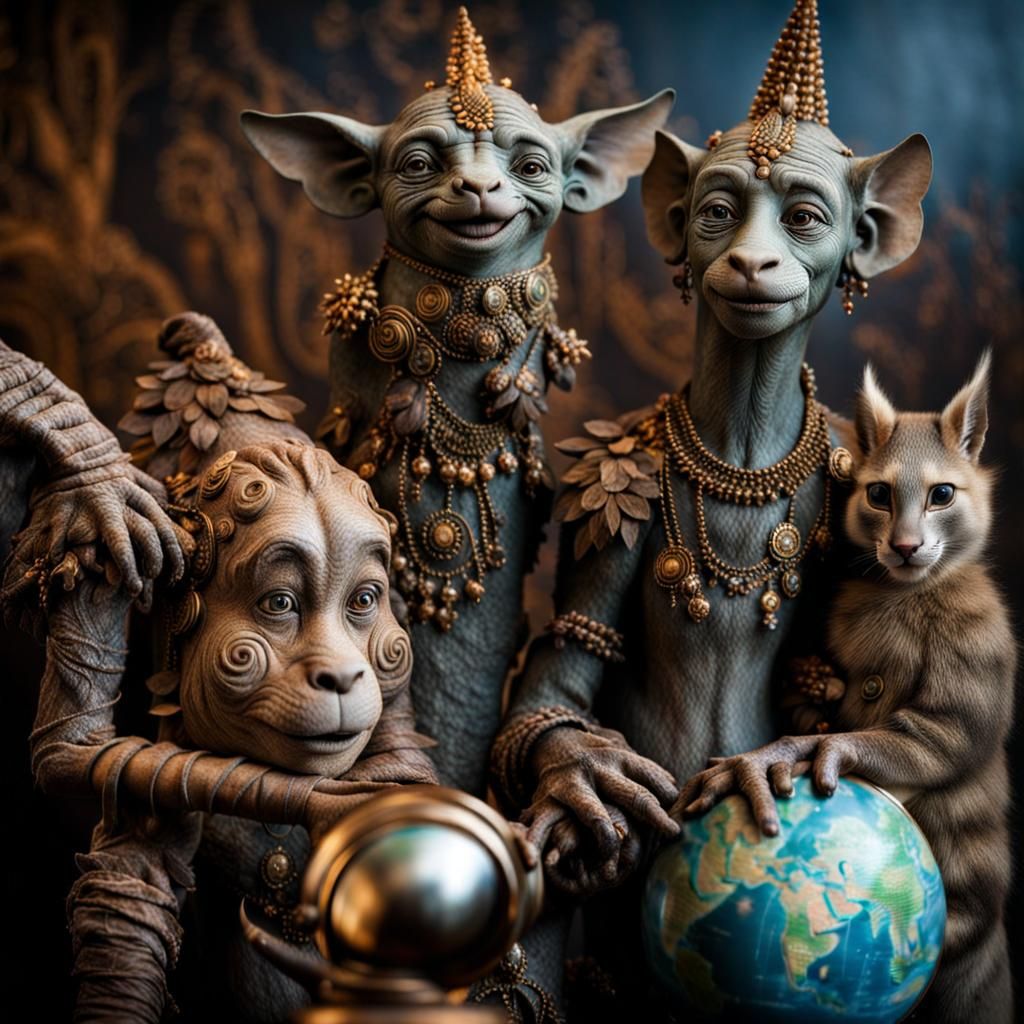 Surreal Alien Celebration in Restaurant: Hyperrealistic Pain...