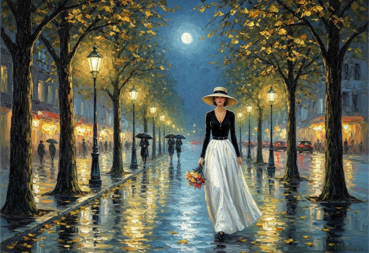 Woman Walking on Wet Street in Impressionist Style