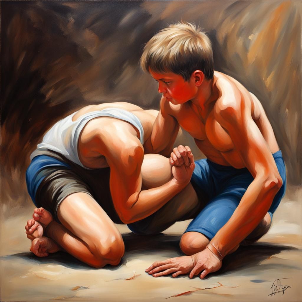 Professional artist most beautiful painting of boy wrestling