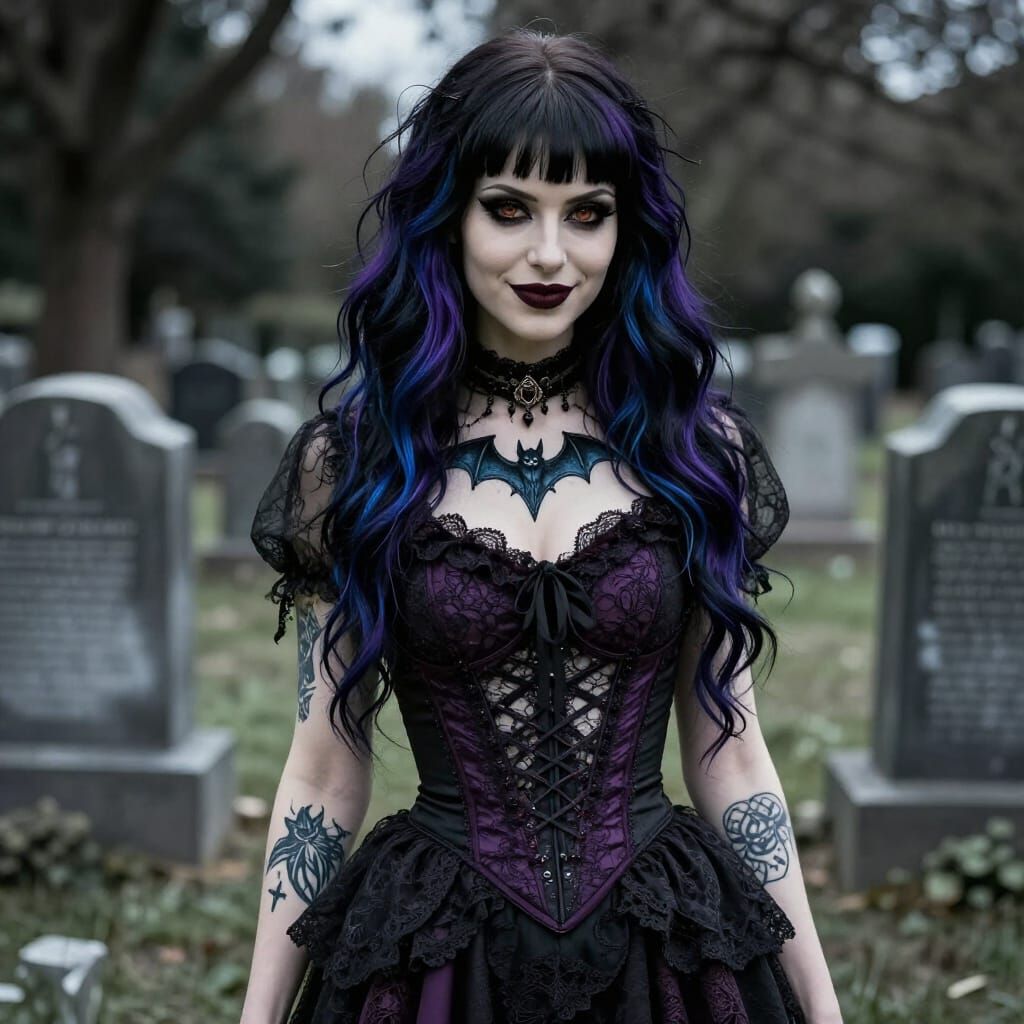 Gothic Woman With Bat Tattoos in Cemetery, Alcohol Ink Style