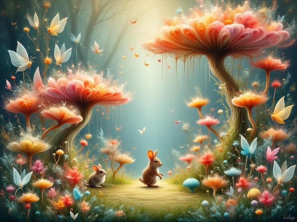 Whimsical Forest Gathering in Dreamy Colored Pencil Style