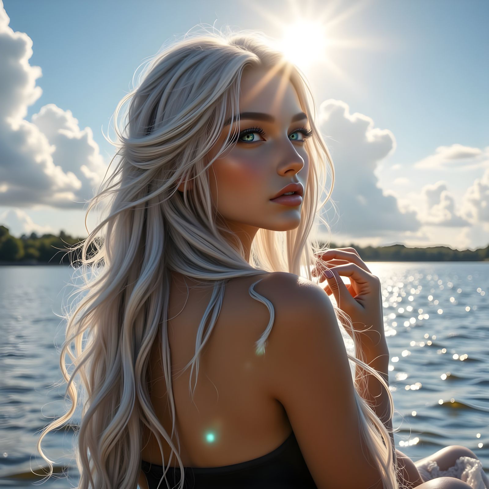 Woman by Lake Watches Storm Under Sunny Sky
