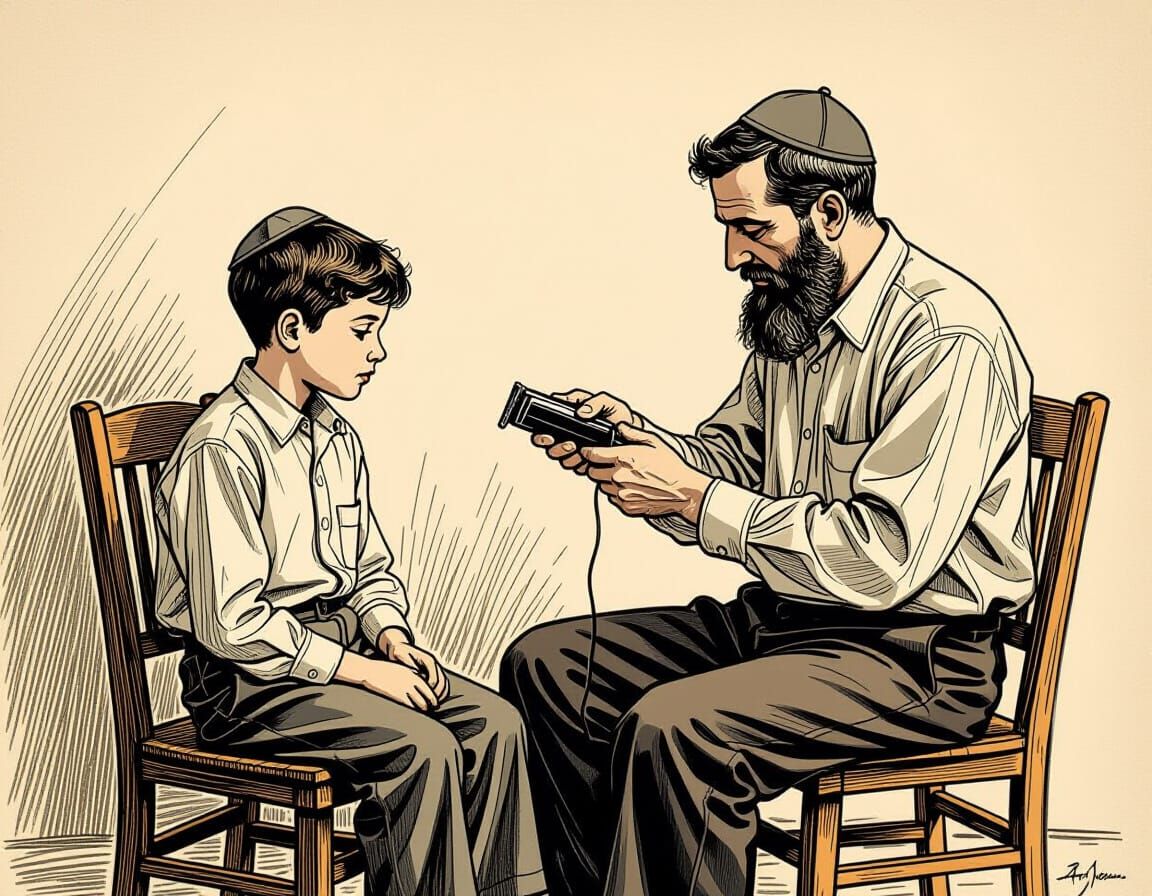 Father Cuts Son's Hair in Delicate Line Art Style