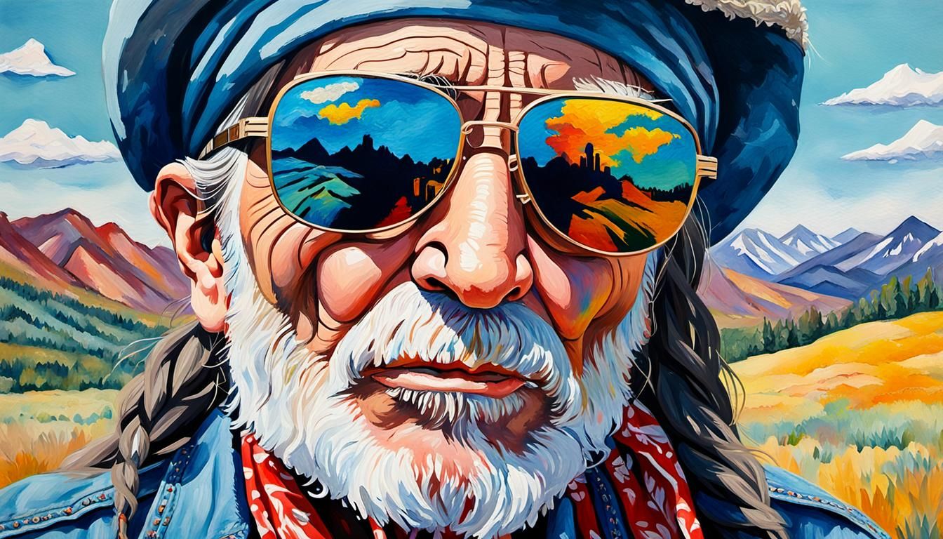 Willie Nelson Portrait in Watercolor Pop Art Style