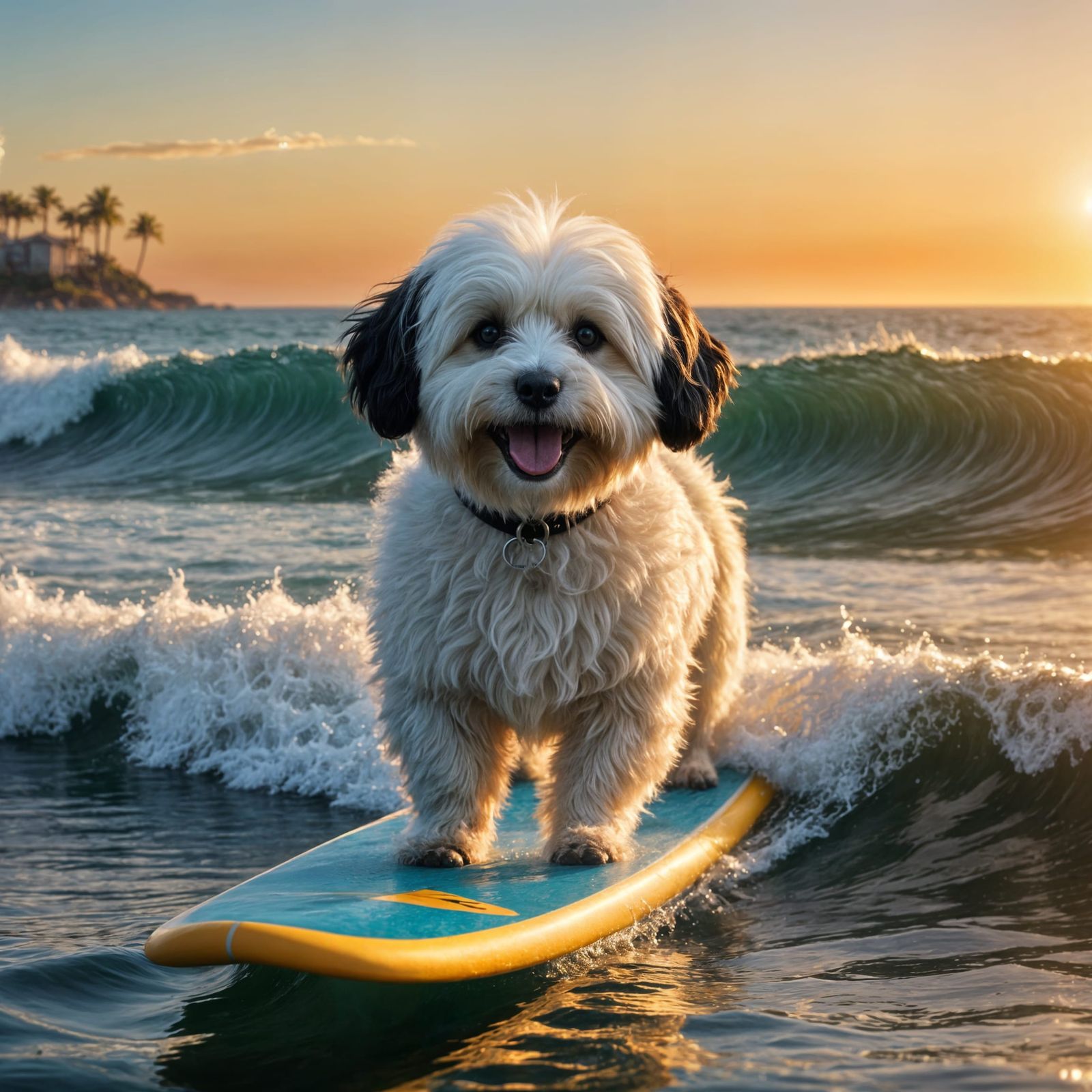 Happy Black Coton de Tulear Surfing at Sunset