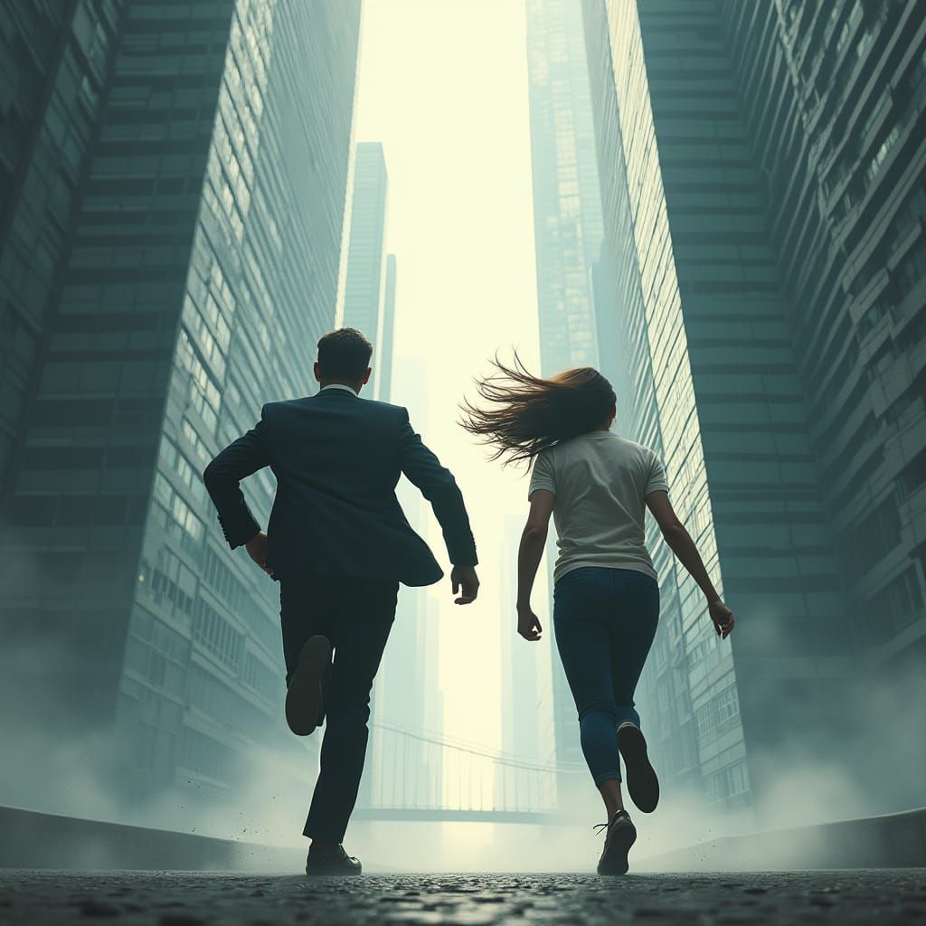 Desperate Escape from Collapsing City in Futuristic Style