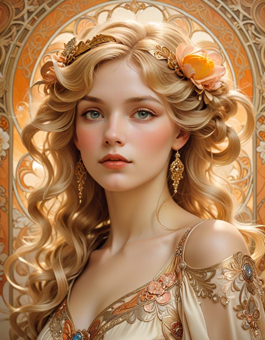 Art Nouveau Portrait of a Woman in Alphonse Mucha Style