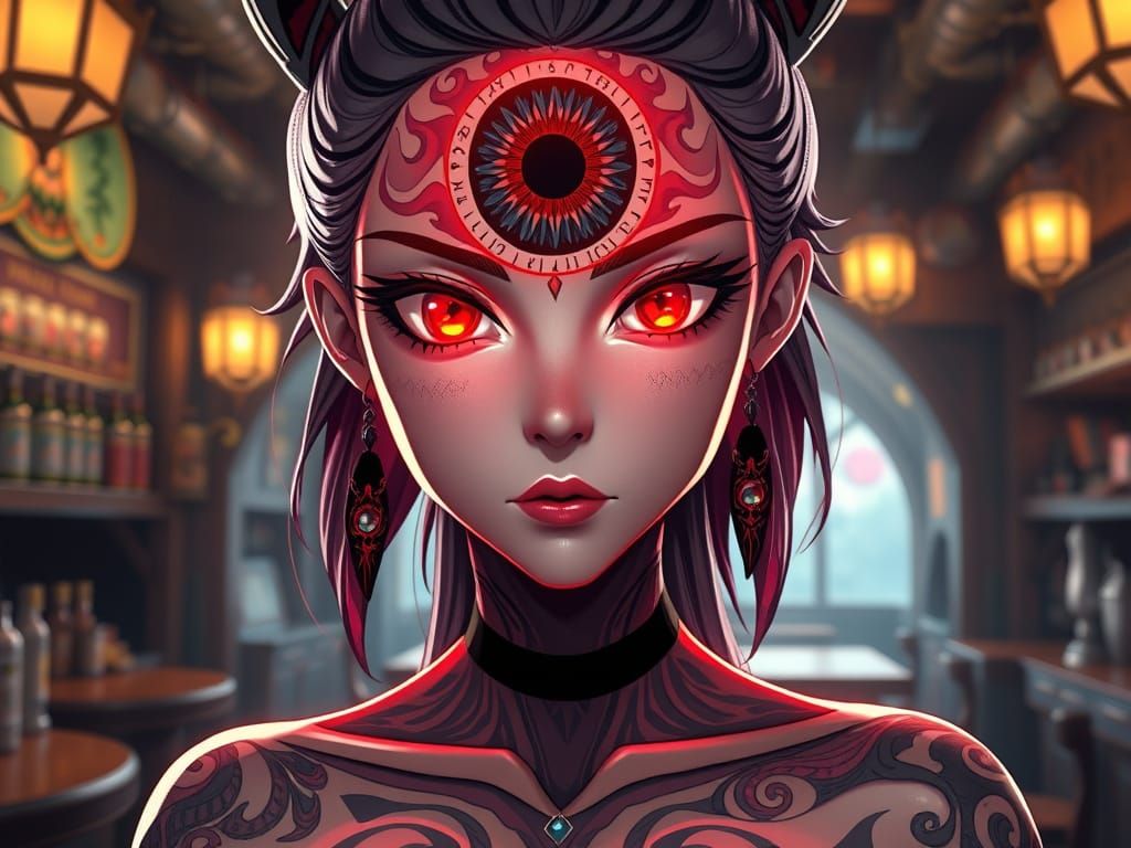 Mystical Female Figure with Glowing Red Eyes and Third Eye
