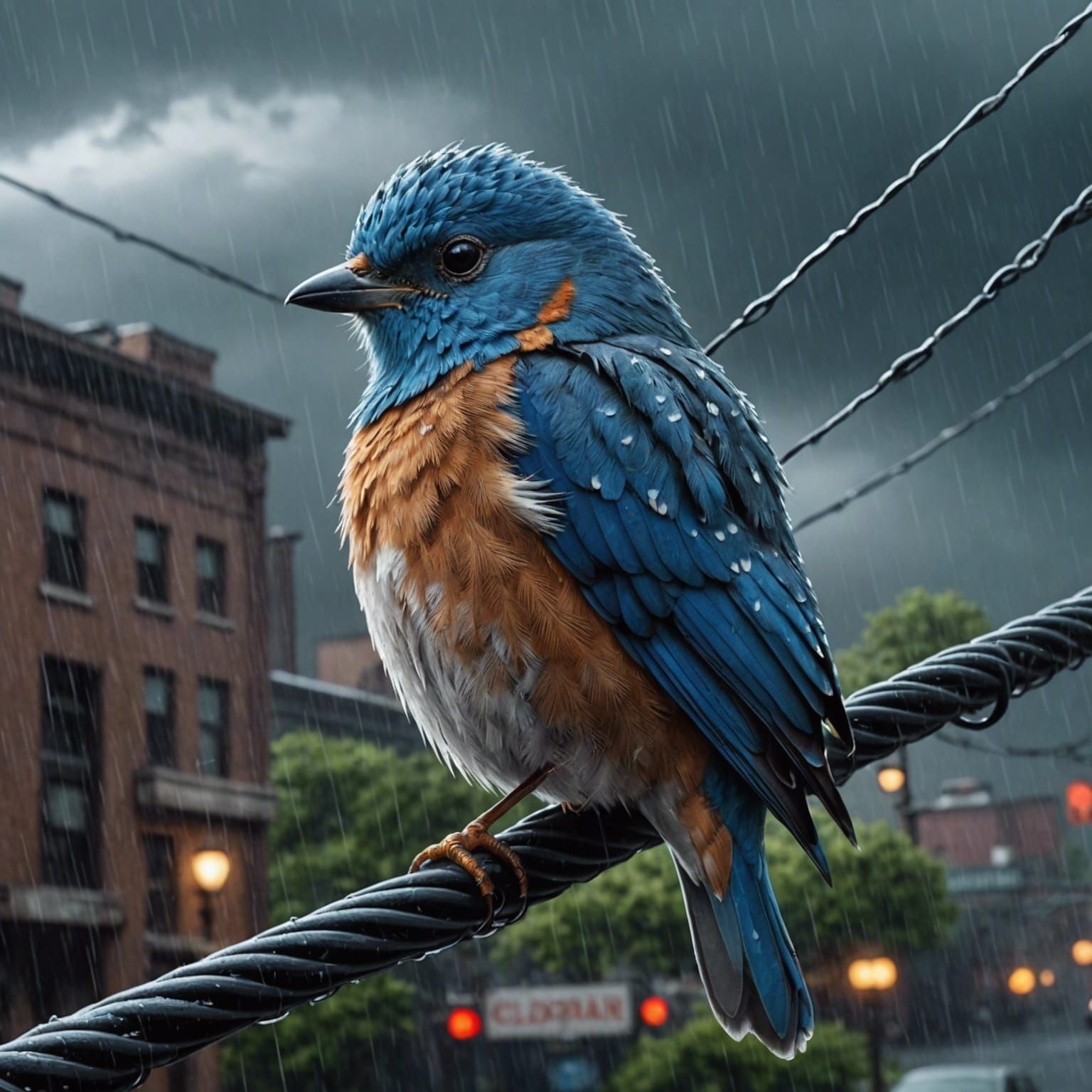 Blue Bird in Rainstorm, Pixar Style
