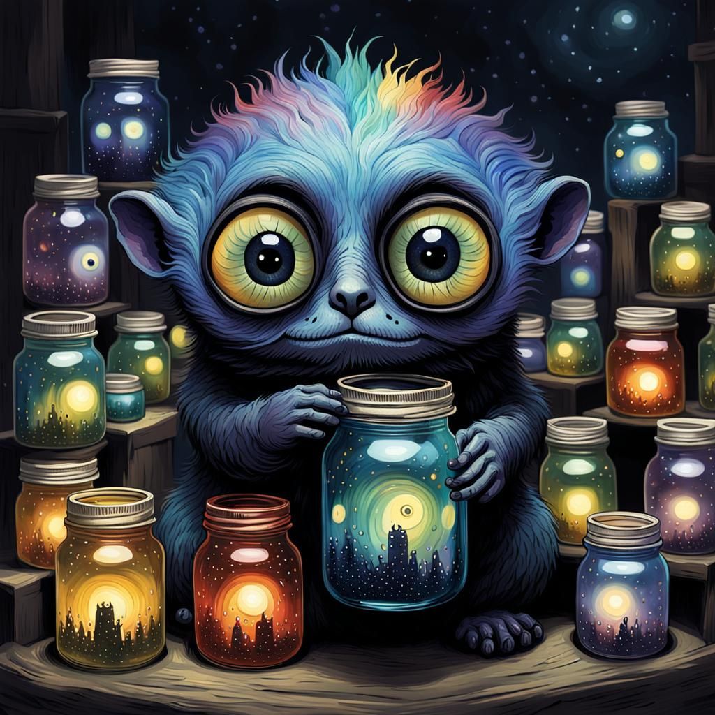 Gothic Creature with Jars of Dreams: A Whimsical Vision