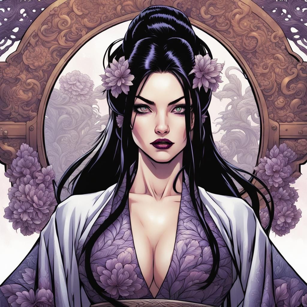 Slit-Eyed Kimono Figure with Tattoos in Comic Book Art