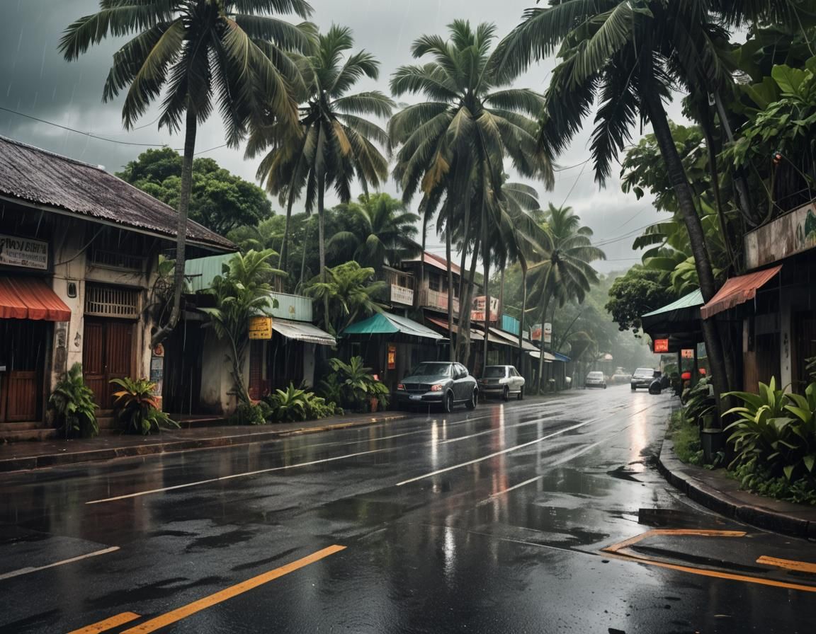 Hyperrealistic Tropical Street Corner in the Rain