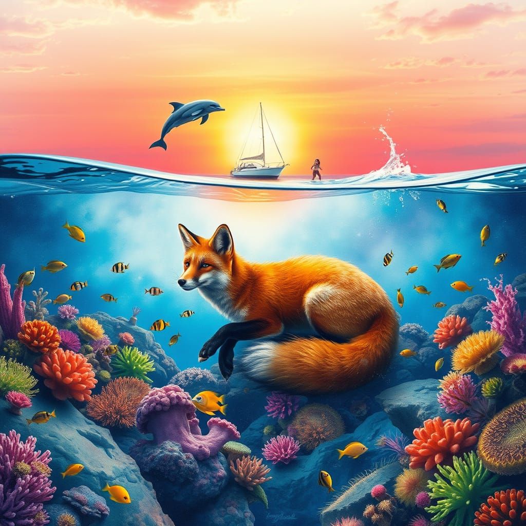 Fox Underwater Sunset Scene as Digital Painting