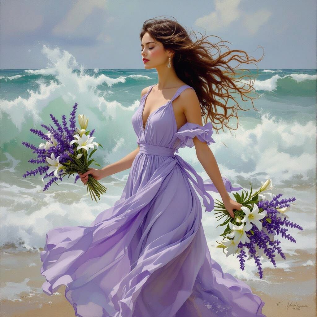 Girl with Lavender Bouquet on Windy Beach