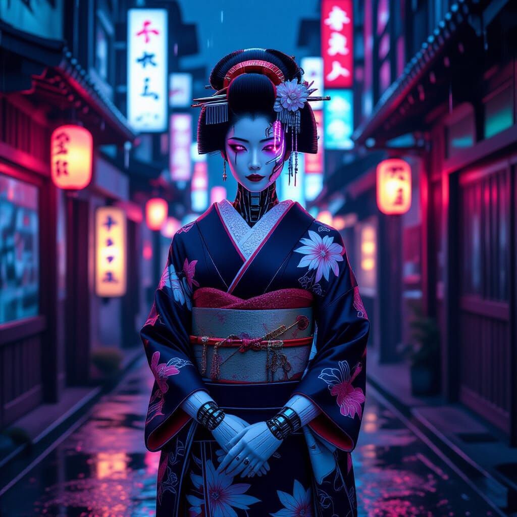 Cyborg Geisha in Neon Tokyo: Hyperrealistic Digital Art