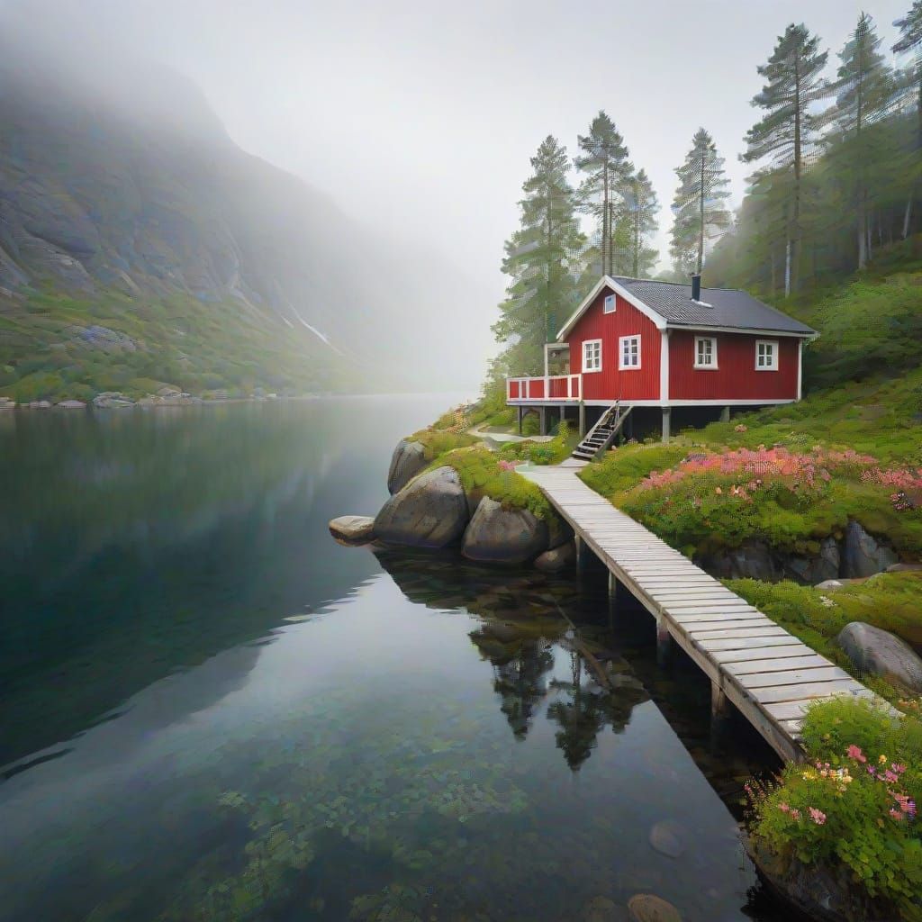 Idyllic Norwegian Lake House at Misty Fjord