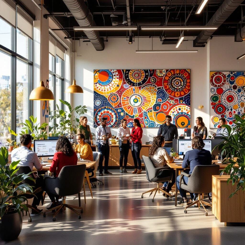 Diverse Team Collaborates in Office with First Nation Art