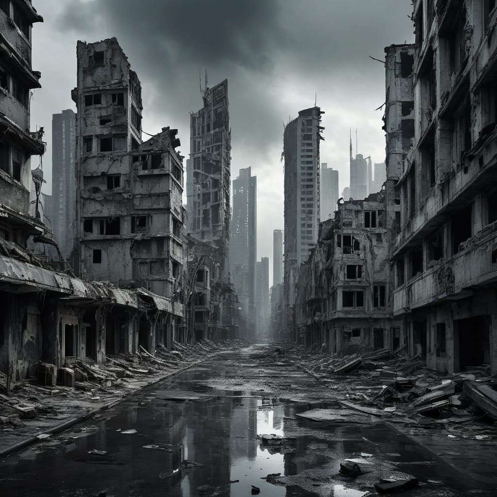 Grayscale Ruins of a Futuristic City