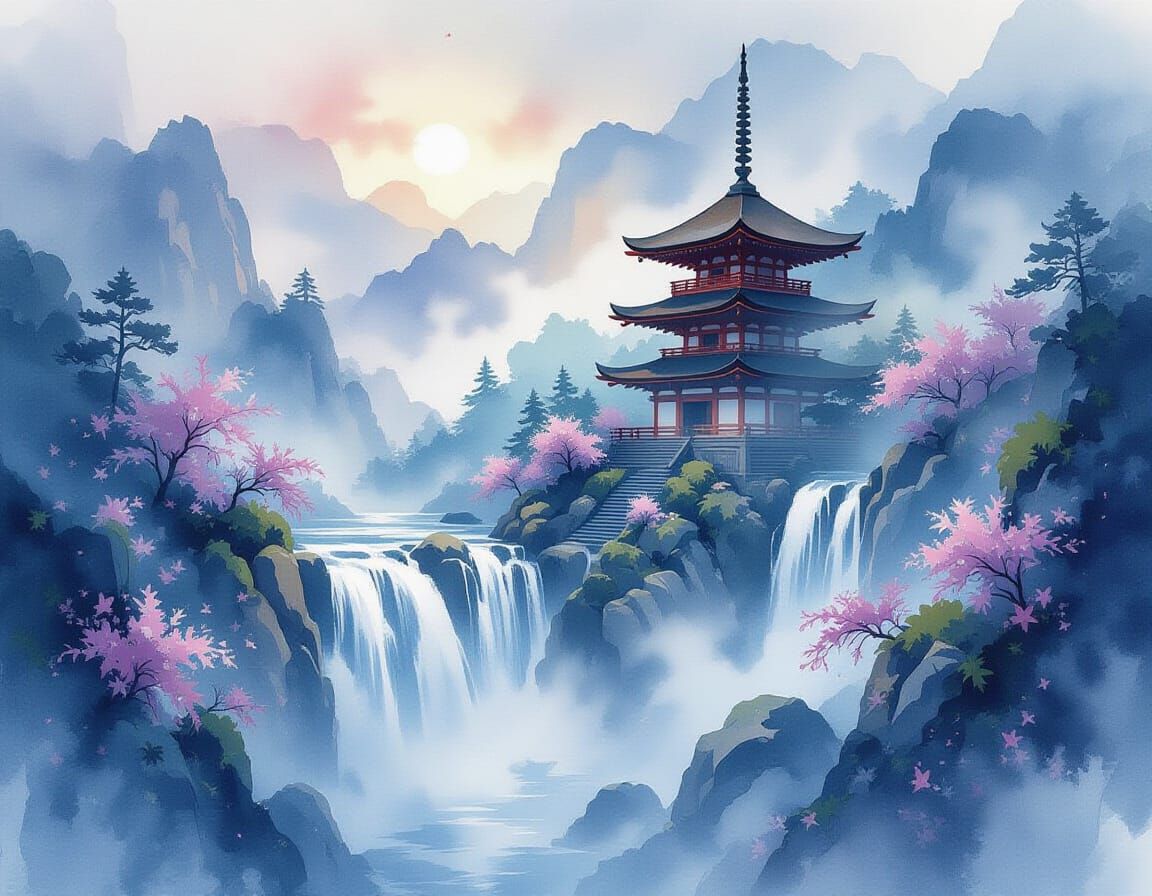 Ethereal Waterfall Temple in Watercolor