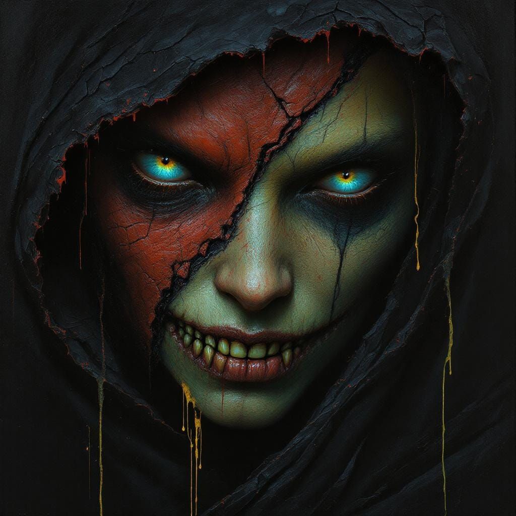 Demonic Female Face in Biomechanical Oil Painting Style